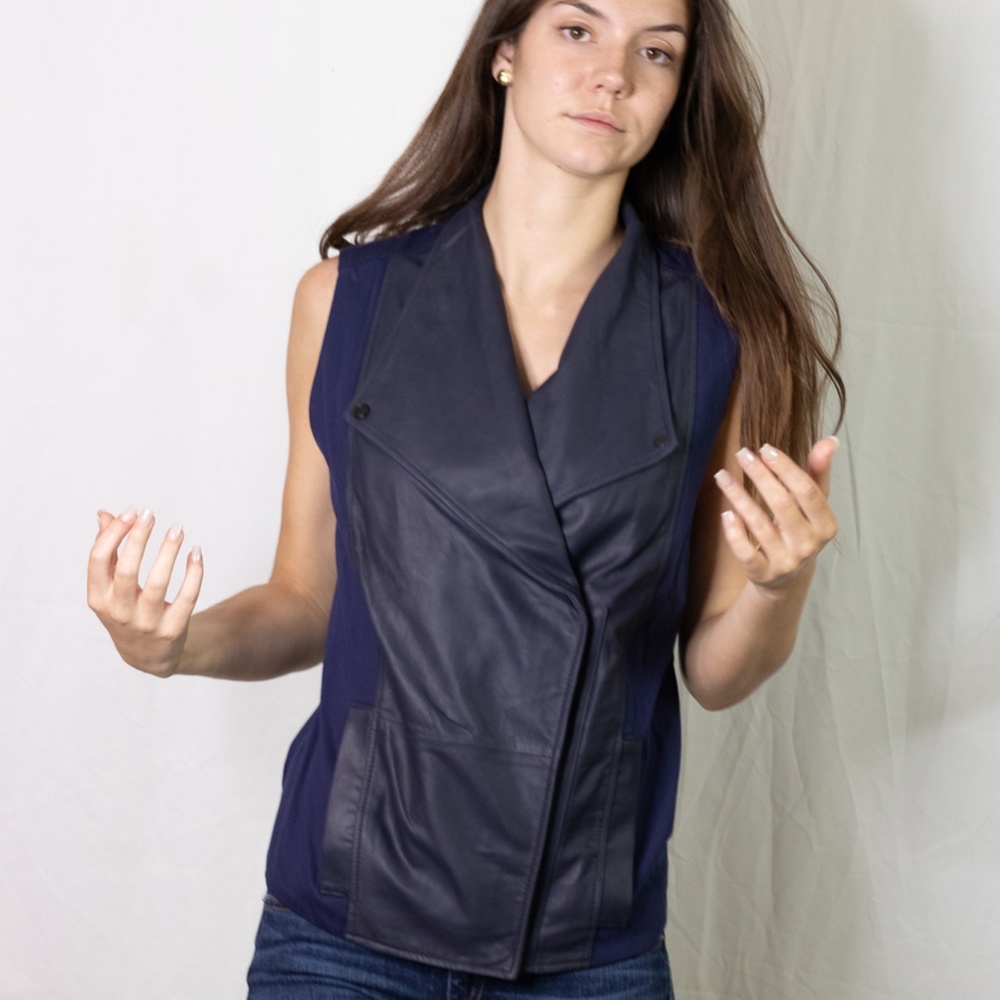 Vince Navy Blue Leather Front Vest Jacket *NEW*
